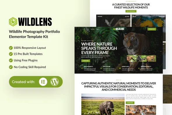 wildlens wildlife photography portfolio elementor template kit 1