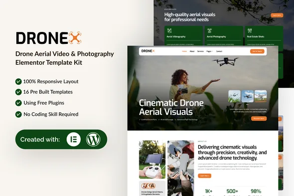 dronex drone aerial video photography elementor template kit 1