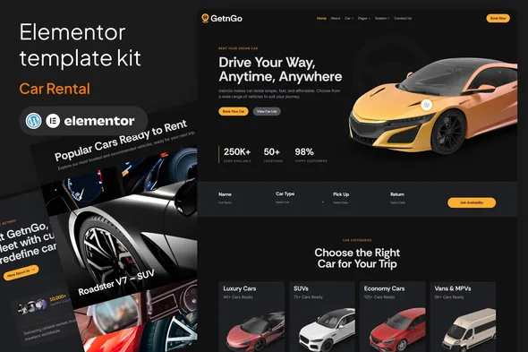 getngo car rental elementor template kit 1