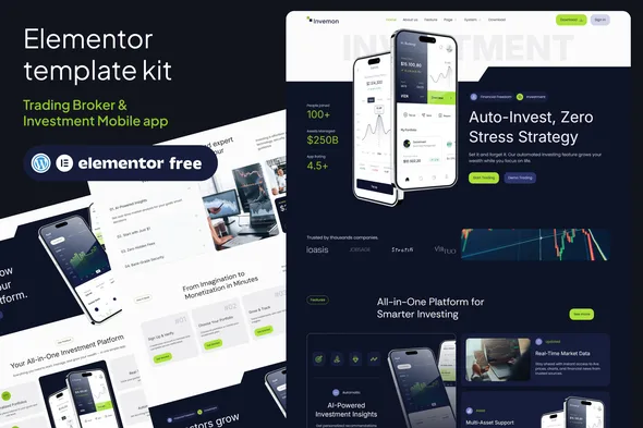 invemon mobile apps trading investment elementor template kit 1