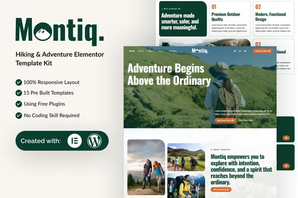 montiq hiking adventure elementor template kit 1