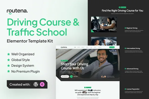 routena driving course traffic school elementor template kit 1