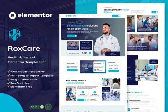 roxcare health medical elementor template kit 1