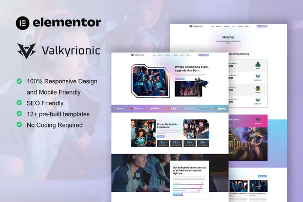 valkyrionic esport team gaming elementor pro template kit 1