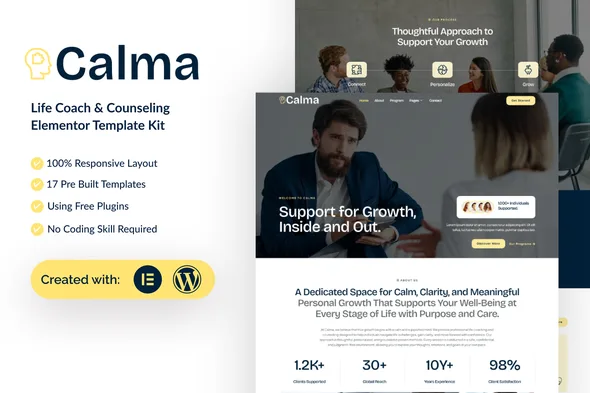 calma life coach counseling elementor template kit 1