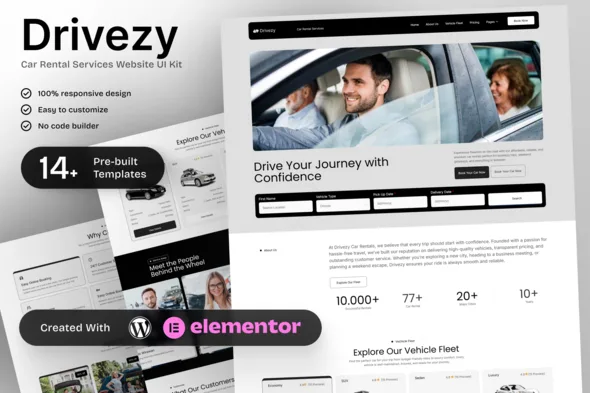 drivezy car rental services elementor template kit 1