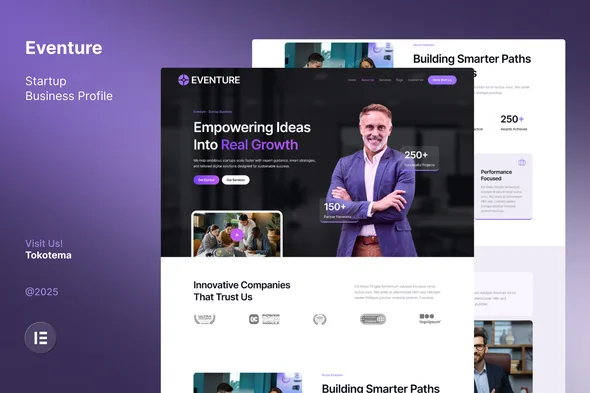 eventure startup business company profile website elementor template kit 1