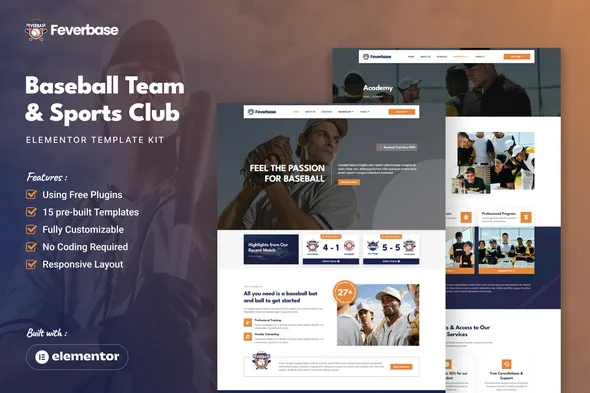 feverbase baseball team sports club elementor template kit 1