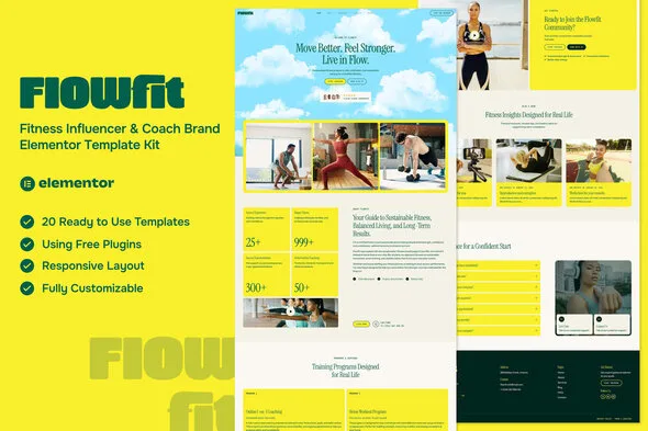 flowfit fitness influencer coach brand elementor template kit 1