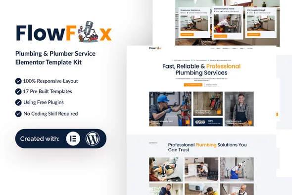 flowfix plumbing plumber service elementor template kit 1