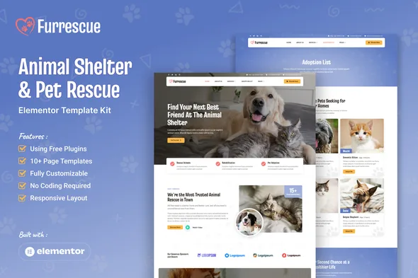 furrescue animal shelter pet rescue elementor template kit 1