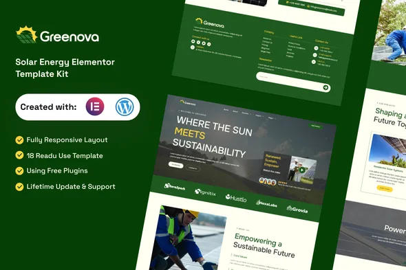 greenova solar green renewable energy elementor template kit 1