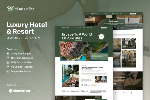 havenbliss luxury hotel resort elementor template kit 1
