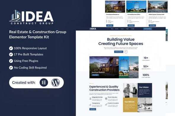 idea real estate construction group elementor template kit 1