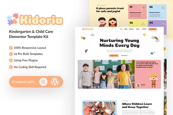 kidoria kindergarten child care elementor template kit 1