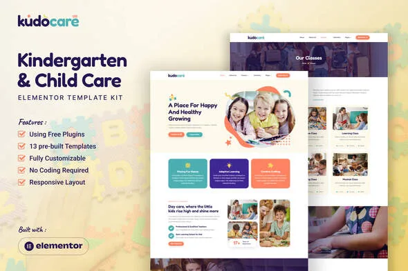 kudocare kindergarten child care elementor template kit 1