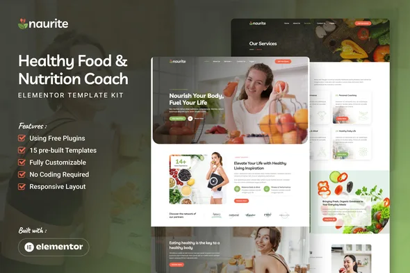 naurite healthy food nutrition coach elementor template kit 1