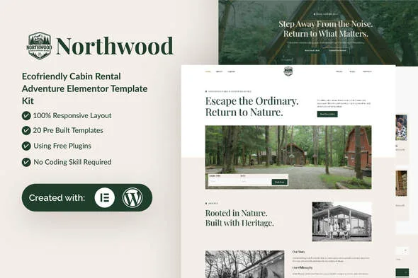 northwood eco friendly cabin rental adventure elementor template kit 1