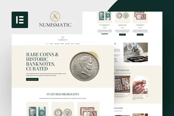 numismatic rare coins banknotes elementor template kit 1