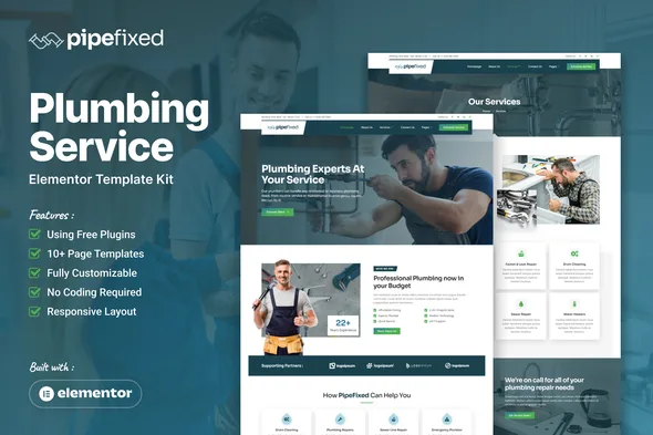 pipefixed plumbing service elementor template kit 1