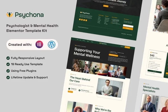 psychona psychologist mental health elementor template kit 1