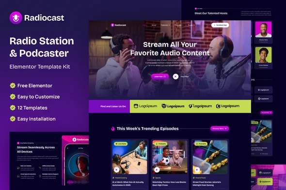 radiocast radio station podcaster elementor template kit 1