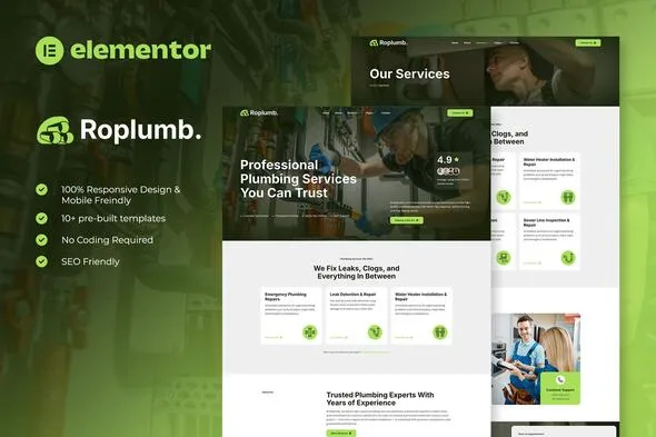 roplumb plumbing service elementor template kit 1