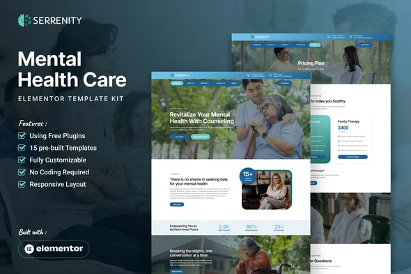 serrenity mental health care elementor template kit 1