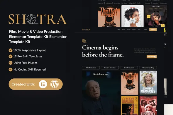 shotra film movie video production elementor template kit 1