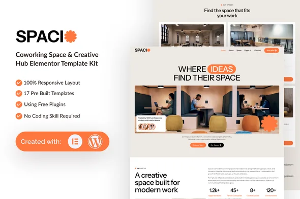 spacio coworking space creative hub elementor template kit 1