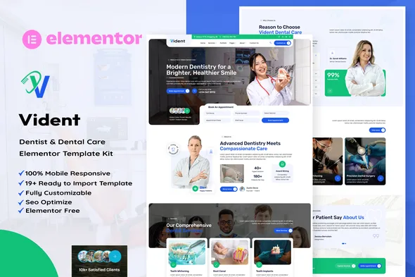 vident dentist dental care elementor template kit 1