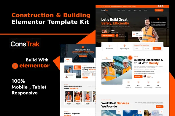 constrak construction building elementor template kit 1