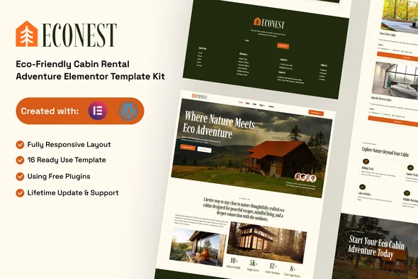 econest eco friendly cabin rental adventure elementor template kit 1
