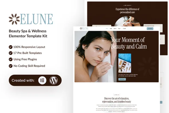 elune beauty spa wellness elementor template kit 1
