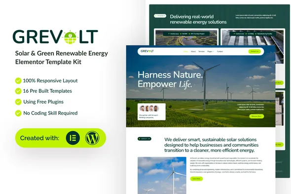 grevolt solar green renewable energy elementor template kit 1