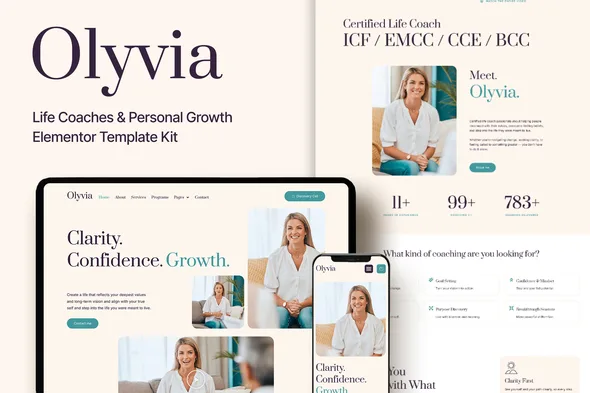 olyvia life coach personal growth elementor pro template kit 1
