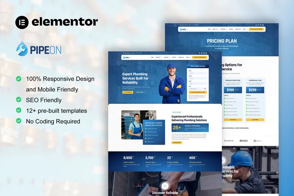 pipeon plumbing services elementor pro template kit 1
