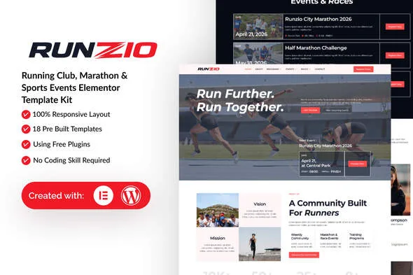runzio running club marathon sports events elementor template kit 1