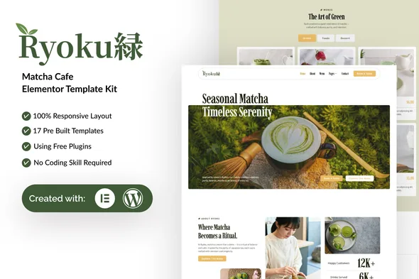 ryoku matcha cafe elementor template kit 1