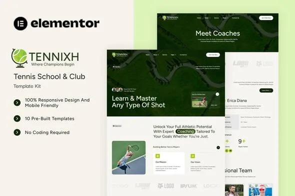 tennixh tennis school club elementor template kit 1