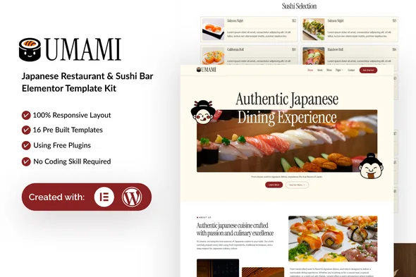 umami japanese restaurant sushi bar elementor template kit 1