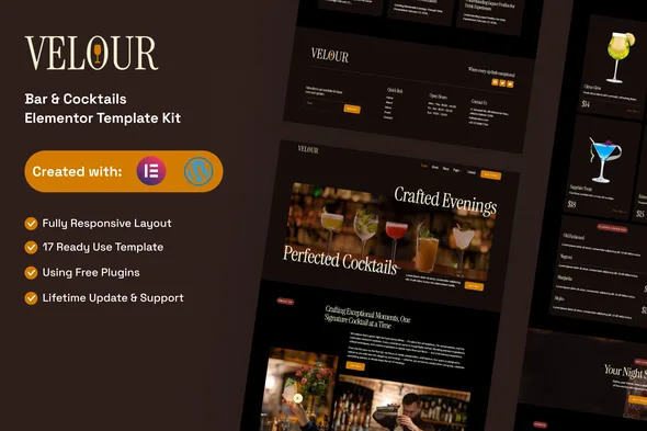 velour bar cocktails elementor template kit 1