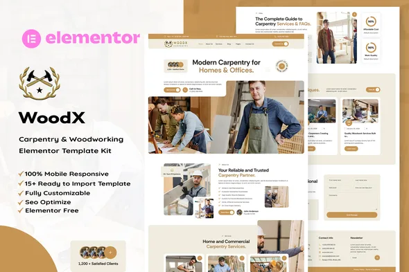 woodx carpentry woodworking elementor template kit 1