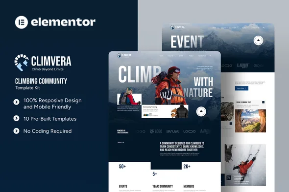 climvera climbing community elementor template kit 1