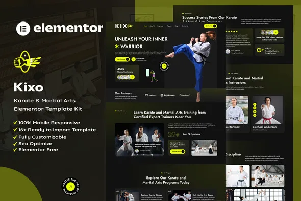 kixo karate martial arts school elementor template kit 1