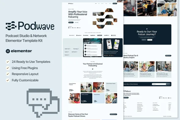 podwave podcast studio network elementor template kit 1