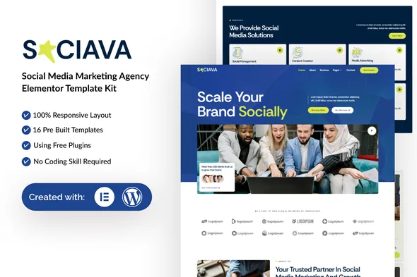 sociava social media marketing agency elementor template kit 1