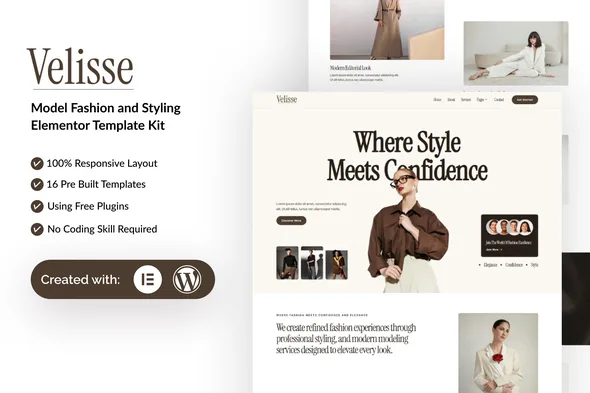 velisse model fashion styling elementor template kit 1