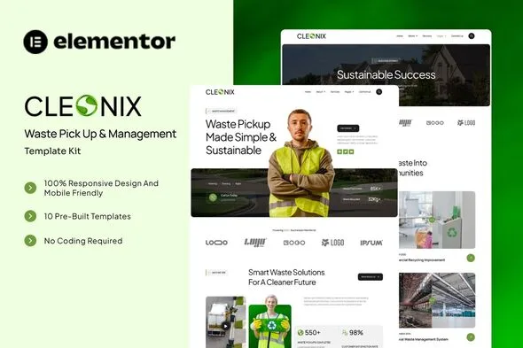 cleonix waste pick up management elementor template kit 1