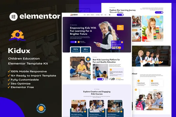 kidux children education elementor template kit 1